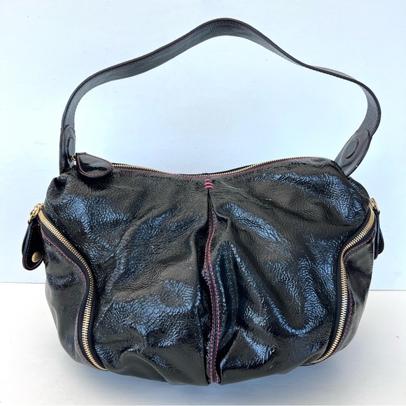 ISABELLA FIORE Black Patent Leather w Pink Stitches Side Pockets Domed Boho Tote - Picture 2 of 15